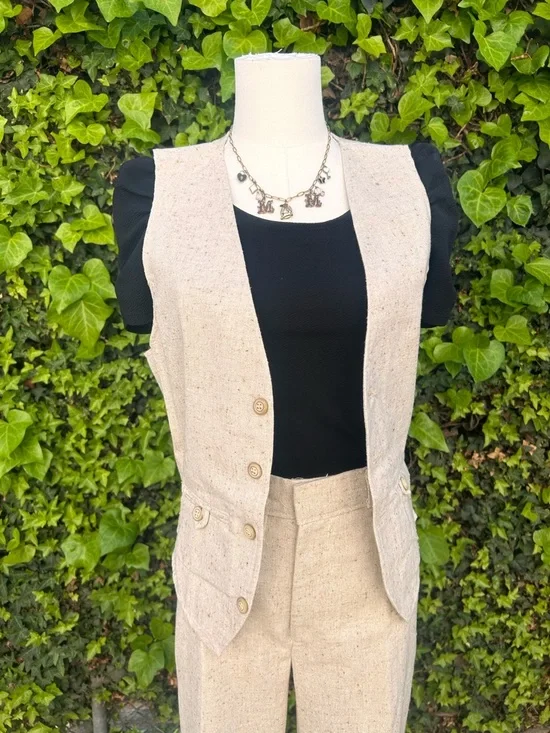 Vintage 70s Pantsuit High Waist Wide Leg Flared Cotton Textured Cream Neutral - Picture 7 of 12